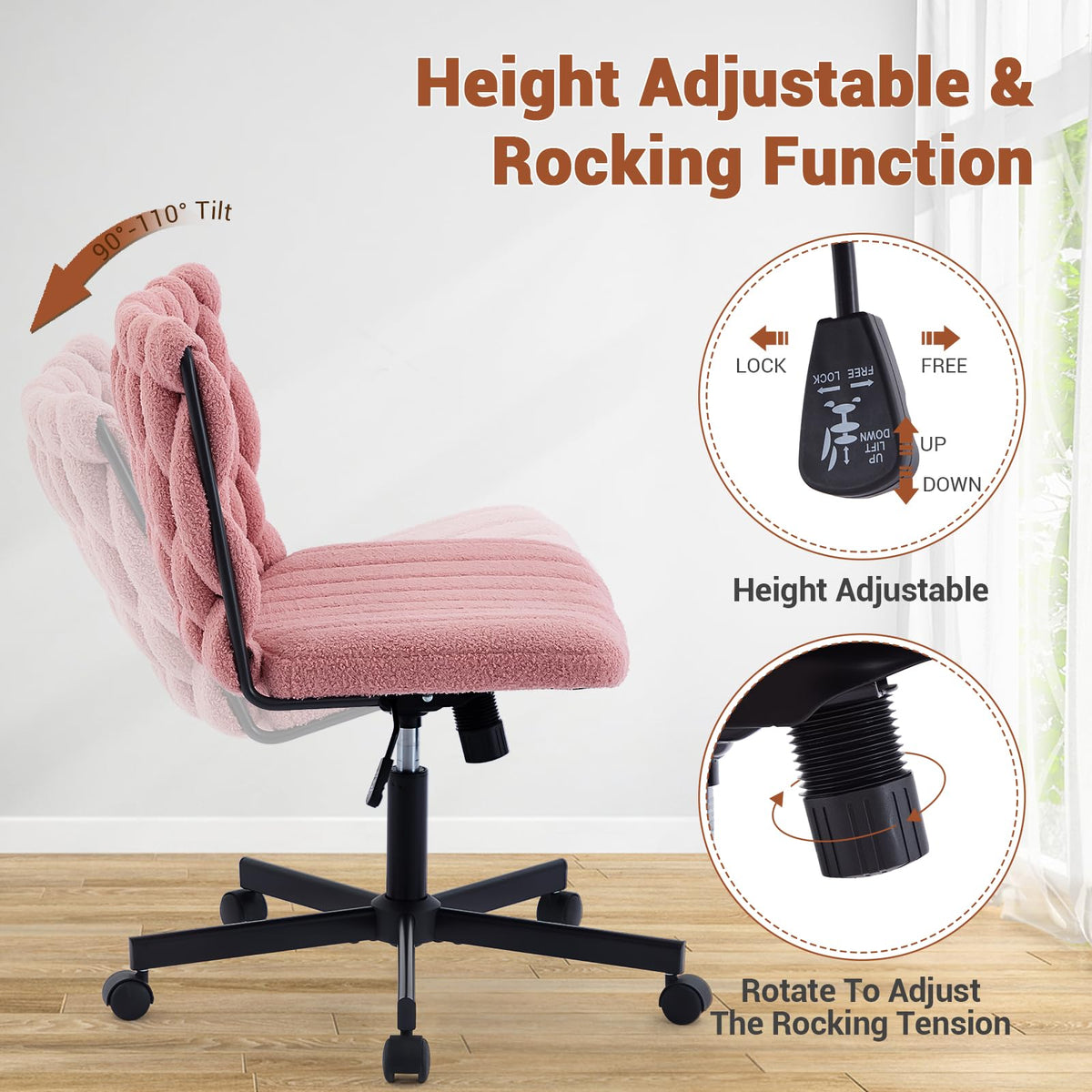 Garvee chaise de bureau criss cross à roulettes, assise large, sans accoudoirs, pivotante, structure en métal, rose, idéale pour le bureau à domicile et la coiffeuse, 66 cm, confortable