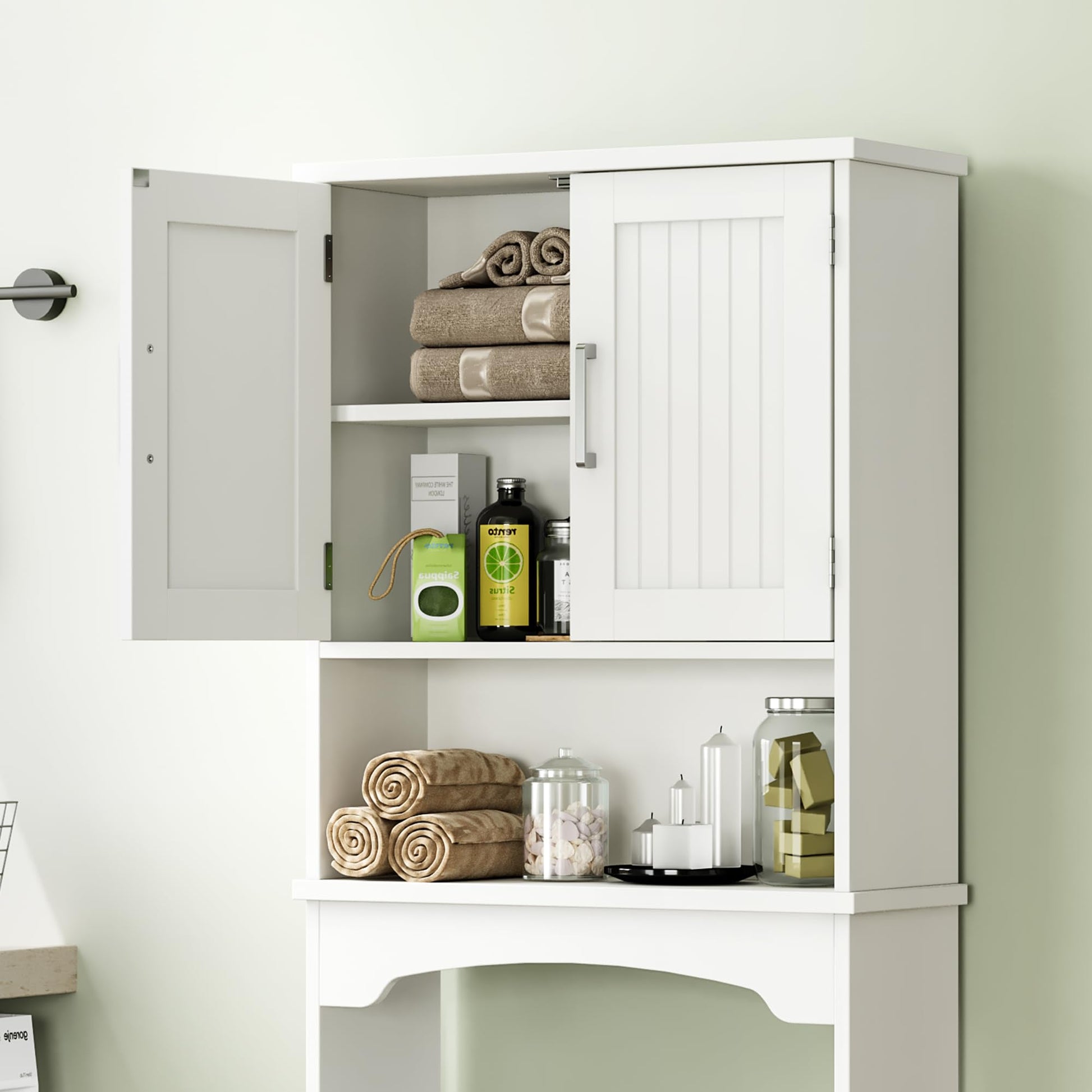 Meuble de rangement Garvee à suspendre au-dessus des toilettes, en MDF avec double porte et protection anti-basculement, pour salle de bain et buanderie, blanc, gain de place, polyvalent