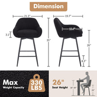 Tabourets de bar pivotants modernes Garvee, lot de 2, hauteur comptoir 66 cm, tissu sherpa, pieds en métal, noir, îlot de cuisine