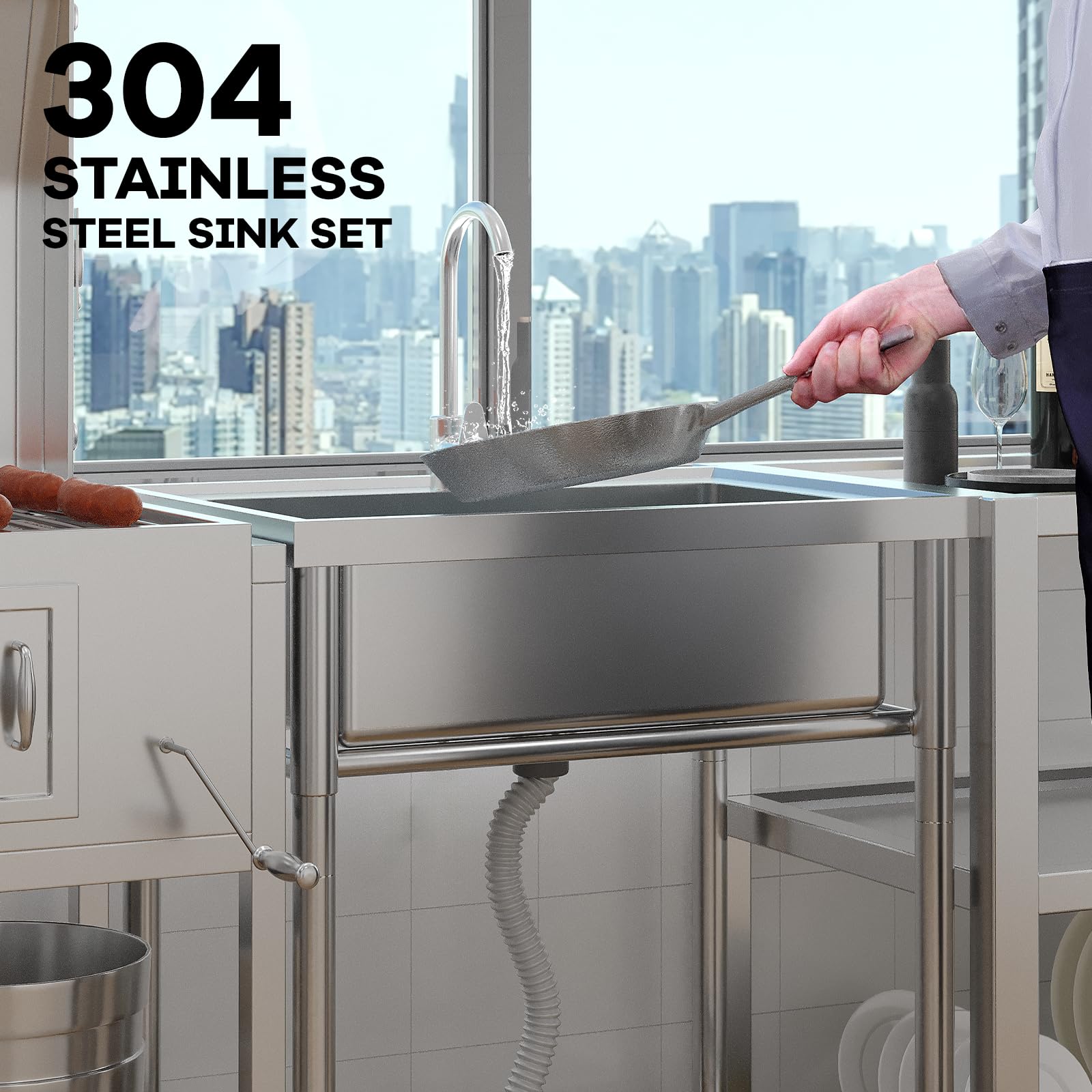 Garvee Évier sur Pied Inox 304 60 × 50 × 107 cm, Bac Unique, Robinet Eau Chaude/Froide, Pieds Réglables, Cuisine et Buanderie
