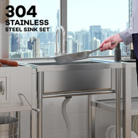 Garvee Évier sur Pied Inox 304 60 × 50 × 107 cm, Bac Unique, Robinet Eau Chaude/Froide, Pieds Réglables, Cuisine et Buanderie