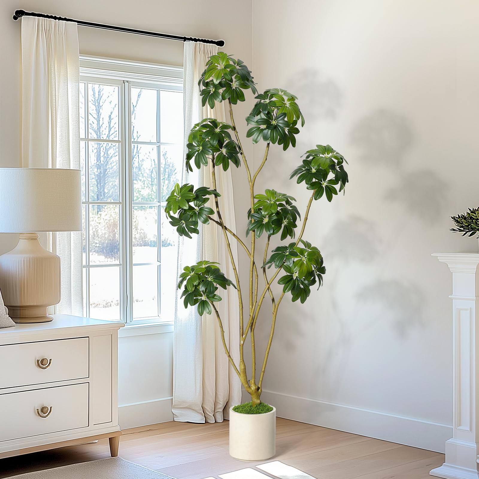 Arbre parasol artificiel Garvee de 1,83 m (6 pi) de haut, plusieurs tiges, pot en PE blanc, pour la décoration de la maison et du bureau, 178 x 70 cm (70 x 27,5 po).