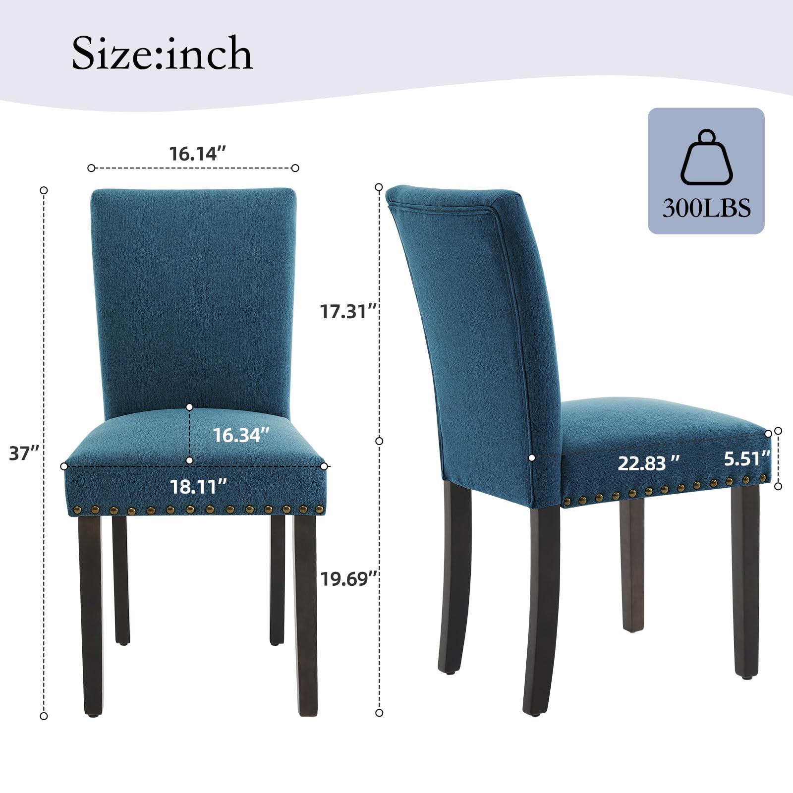 Ensemble de 2 chaises de salle à manger Garvee, revêtues de tissu ergonomique en lin bleu foncé, pour salon et salle à manger.