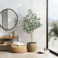 Eucalyptus artificiel Garvee de 120 cm avec branches ajustables et pot en PP sécurisé pour la décoration intérieure/extérieure (vert)