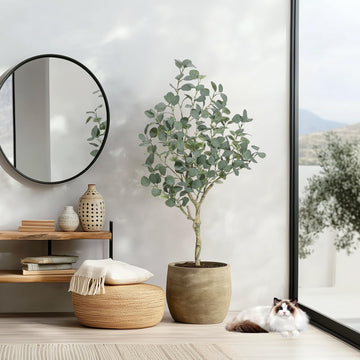 Eucalyptus artificiel Garvee de 120 cm avec branches ajustables et pot en PP sécurisé pour la décoration intérieure/extérieure (vert)