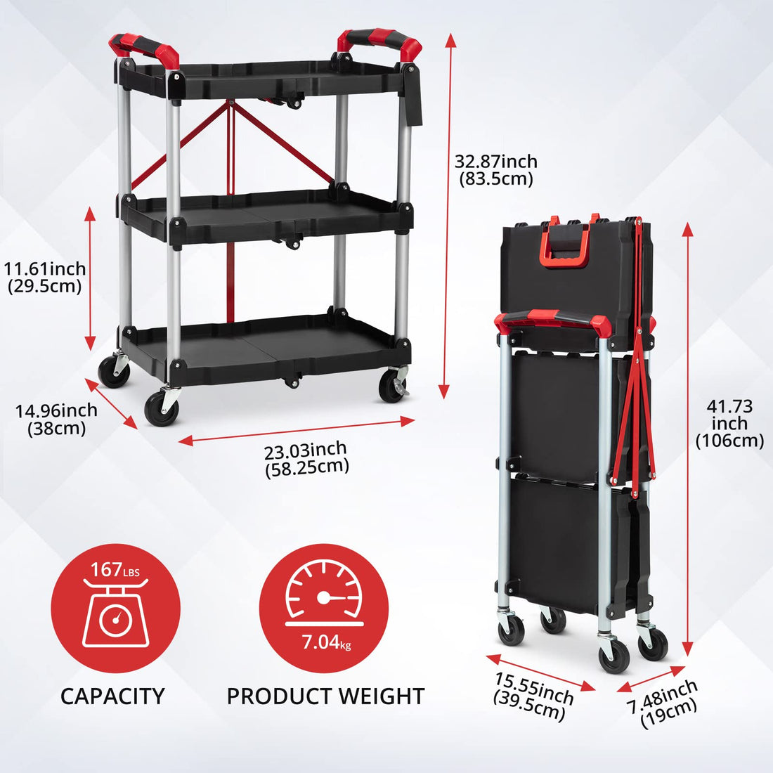 Garvee Chariot de service pliable à 3 niveaux, capacité de charge de 25 kg, structure en aluminium, poignées caoutchoutées, 4 roulettes pivotantes, idéal pour le bureau et la maison, 83, 5 cm, argent.