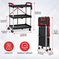 Chariot de service pliable Garvee à 3 niveaux, capacité de charge de 25 kg, structure en aluminium, poignées caoutchoutées, 4 roulettes pivotantes, idéal pour le bureau et la maison, 83,5 cm, argent.