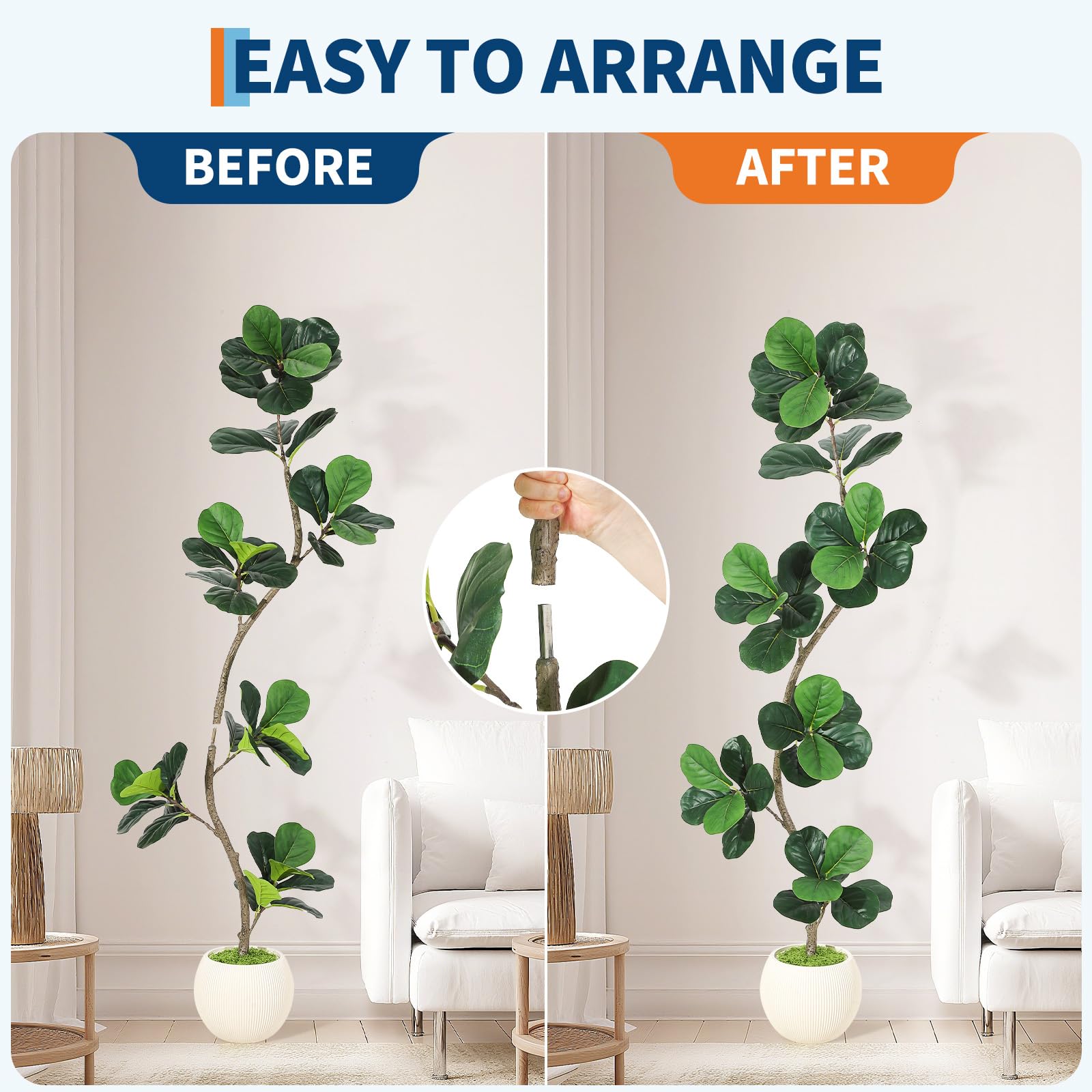 Garvee Ficus lyrata artificiel 183 cm en forme de S, pot blanc, feuilles en soie réalistes et branches ajustables, vert