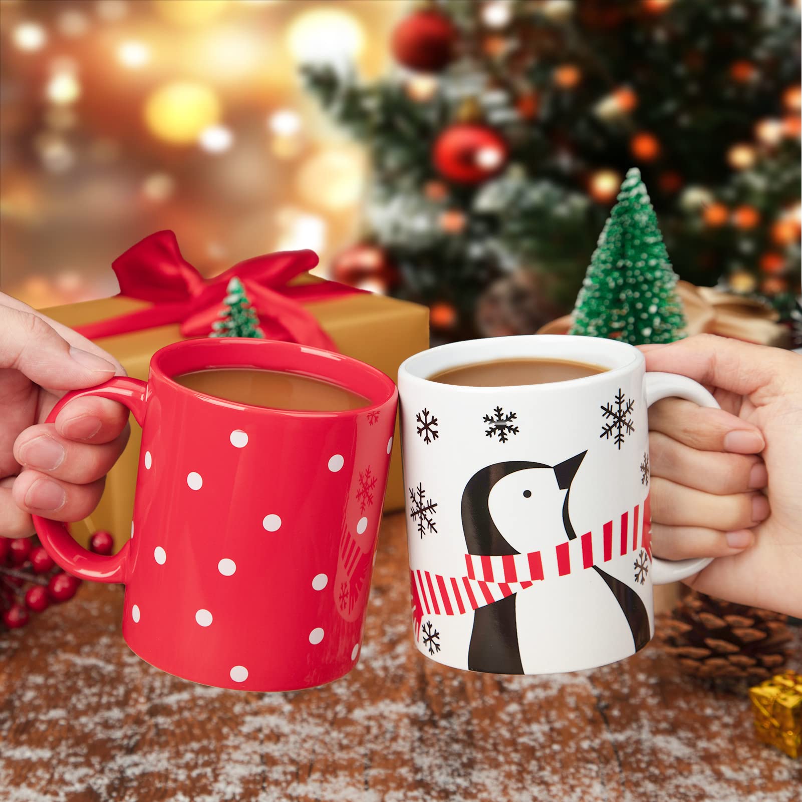 Coffret de 2 tasses de Noël Garvee, Bonhomme de neige et Pingouin, 35 cl, Céramique, Compatible micro-ondes et lave-vaisselle, Coffret cadeau, Décor festif
