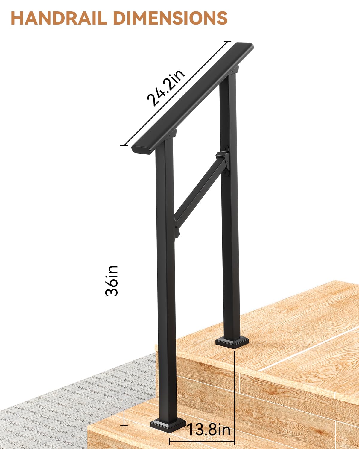 Garvee Main Courante de Sécurité pour 2 Marches, Résistante aux Intempéries, avec Gants de Protection, Idéale pour Jardin et Porche, Noir Brillant