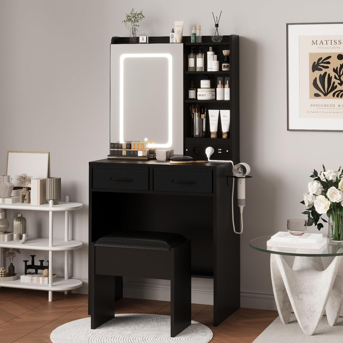 Garvee Coiffeuse avec miroir LED et tabouret rembourré, 3 modes d'éclairage, station de charge intégrée et rangement, pour chambre moderne, noir