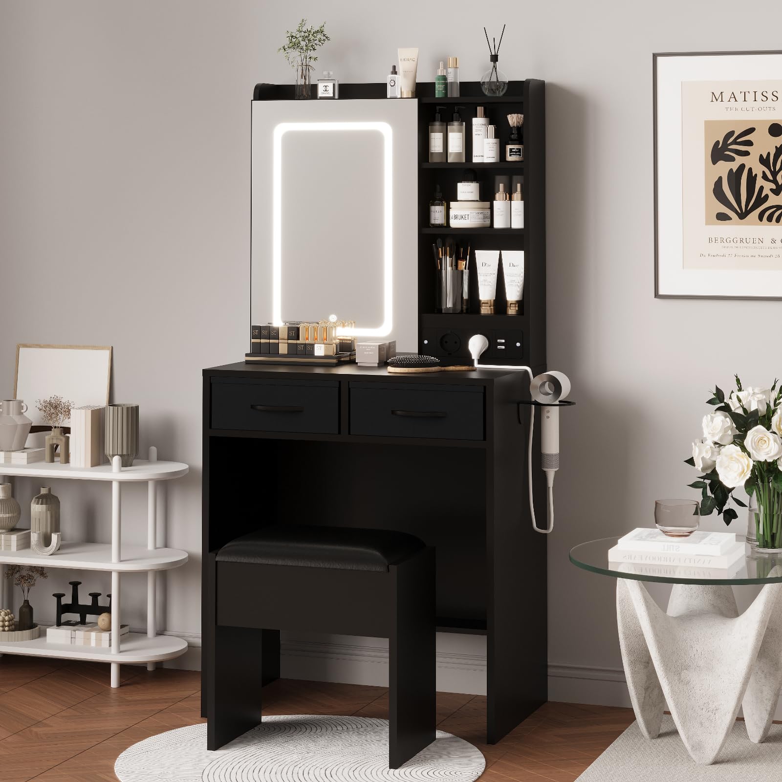GARVEE Coiffeuse avec miroir LED et tabouret rembourré, 3 modes d’éclairage, station de charge intégrée et rangement, pour chambre moderne, noir