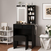 GARVEE Coiffeuse avec miroir LED et tabouret rembourré, 3 modes d’éclairage, station de charge intégrée et rangement, pour chambre moderne, noir