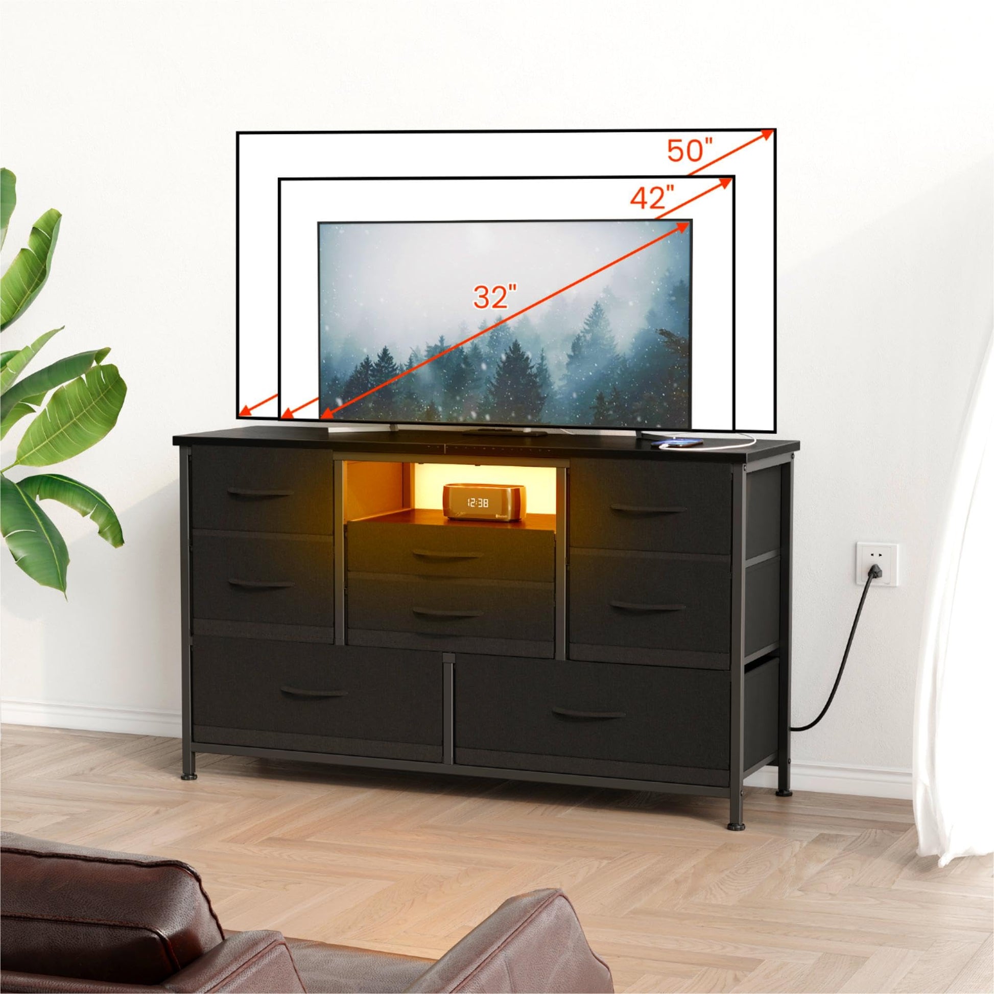 Garvee Meuble TV à 8 tiroirs avec éclairage LED et prise électrique pour salon et chambre, en MDF, grand format, léger, avec système de gestion des câbles
