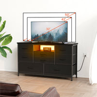 Garvee Meuble TV à 8 tiroirs avec éclairage LED et prise électrique pour salon et chambre, en MDF, grand format, léger, avec système de gestion des câbles
