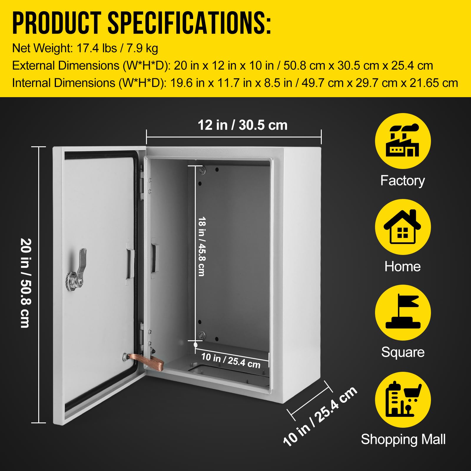 Boîte électrique extérieure Garvee 20x12x10" NEMA 4X en acier IP66 étanche à l'eau et à la poussière, avec plaque de montage et support mural pour une utilisation intérieure et extérieure