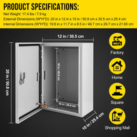 Boîte électrique extérieure Garvee 20x12x10" NEMA 4X en acier IP66 étanche à l'eau et à la poussière, avec plaque de montage et support mural pour une utilisation intérieure et extérieure