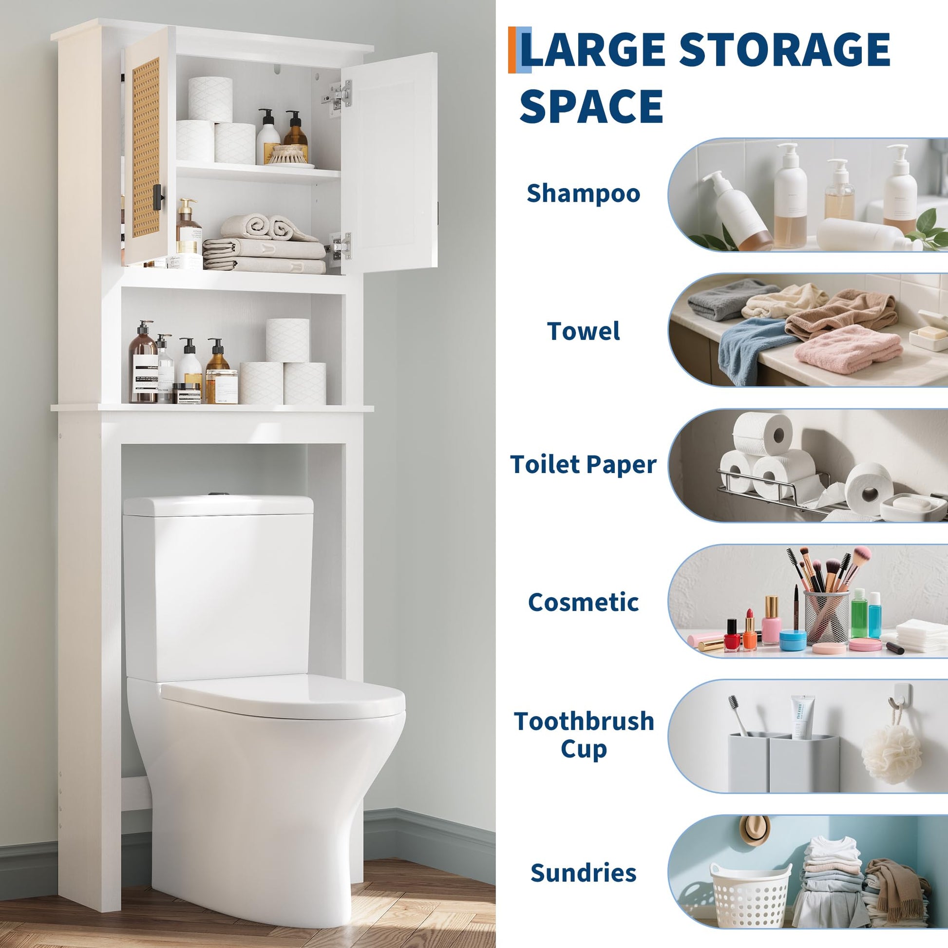 Meuble de rangement Garvee à suspendre au-dessus des toilettes, portes en rotin, étagère réglable, bois, blanc, pour salle de bain et buanderie