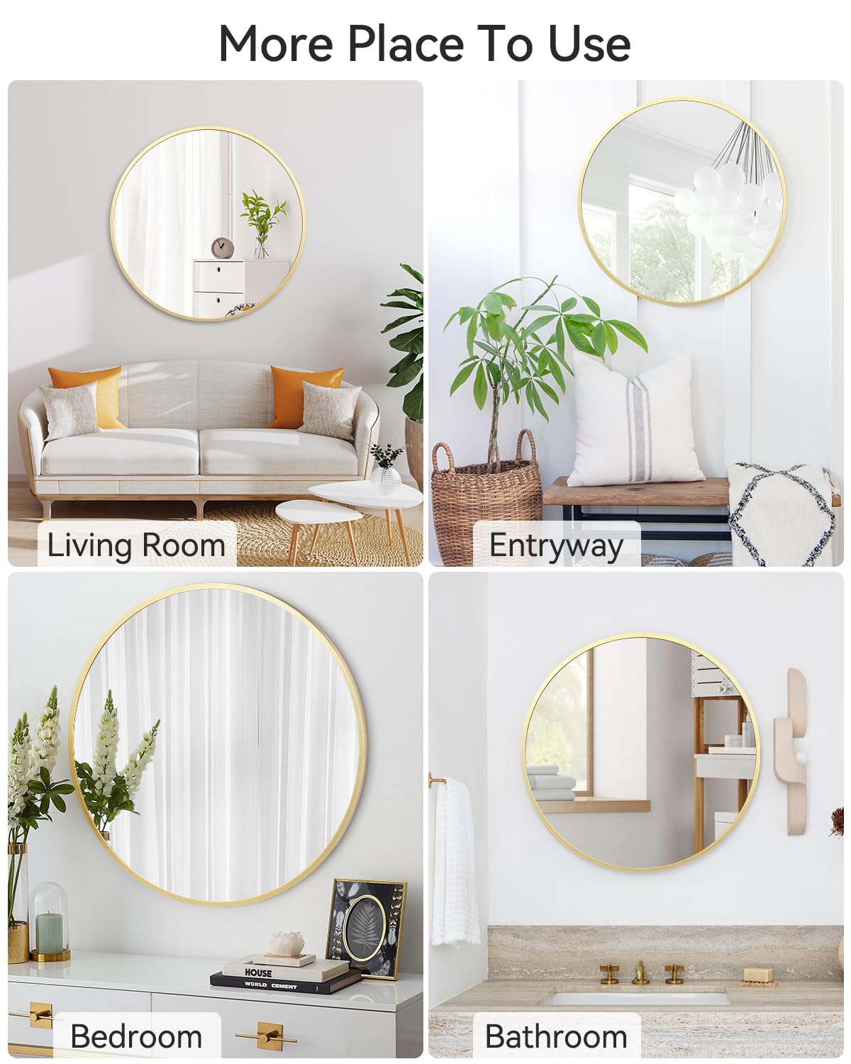Miroir mural rond Garvee 24 pouces, cadre en métal noir, style moderne pour salon, salle de bain ou couloir