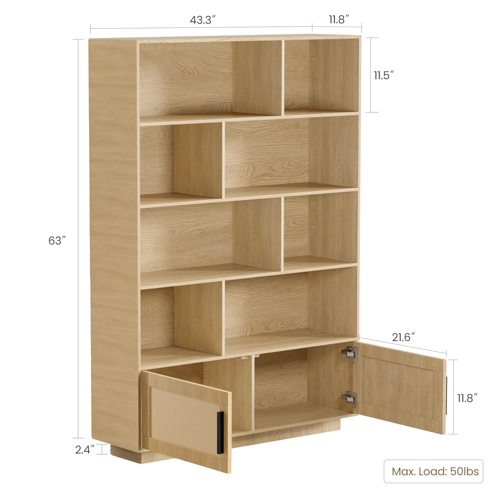 Bibliothèque Garvee à 5 niveaux avec portes en rotin, en MDF robuste, idéale pour le salon et le bureau, 80 cm (L) x 160 cm (H), style bohème
