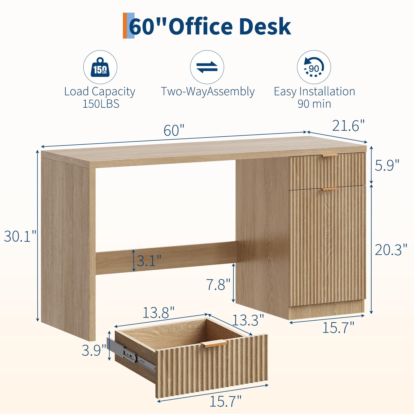 Bureau de direction Garvee 60" avec rangement, bureau moderne pour bureau à domicile, MDF de 1,18" (3 cm), chêne naturel, salon et bureau