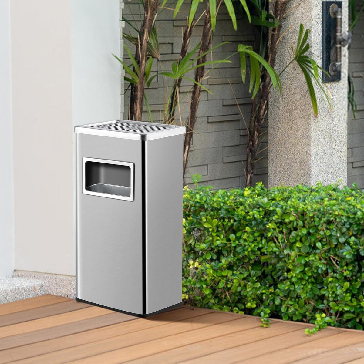Poubelle d'extérieur Garvee 8 gallons en acier inoxydable avec cendrier et seau amovible, compacte, résistante aux intempéries et facile à manipuler (sans gants), idéale pour le jardin et le bureau.
