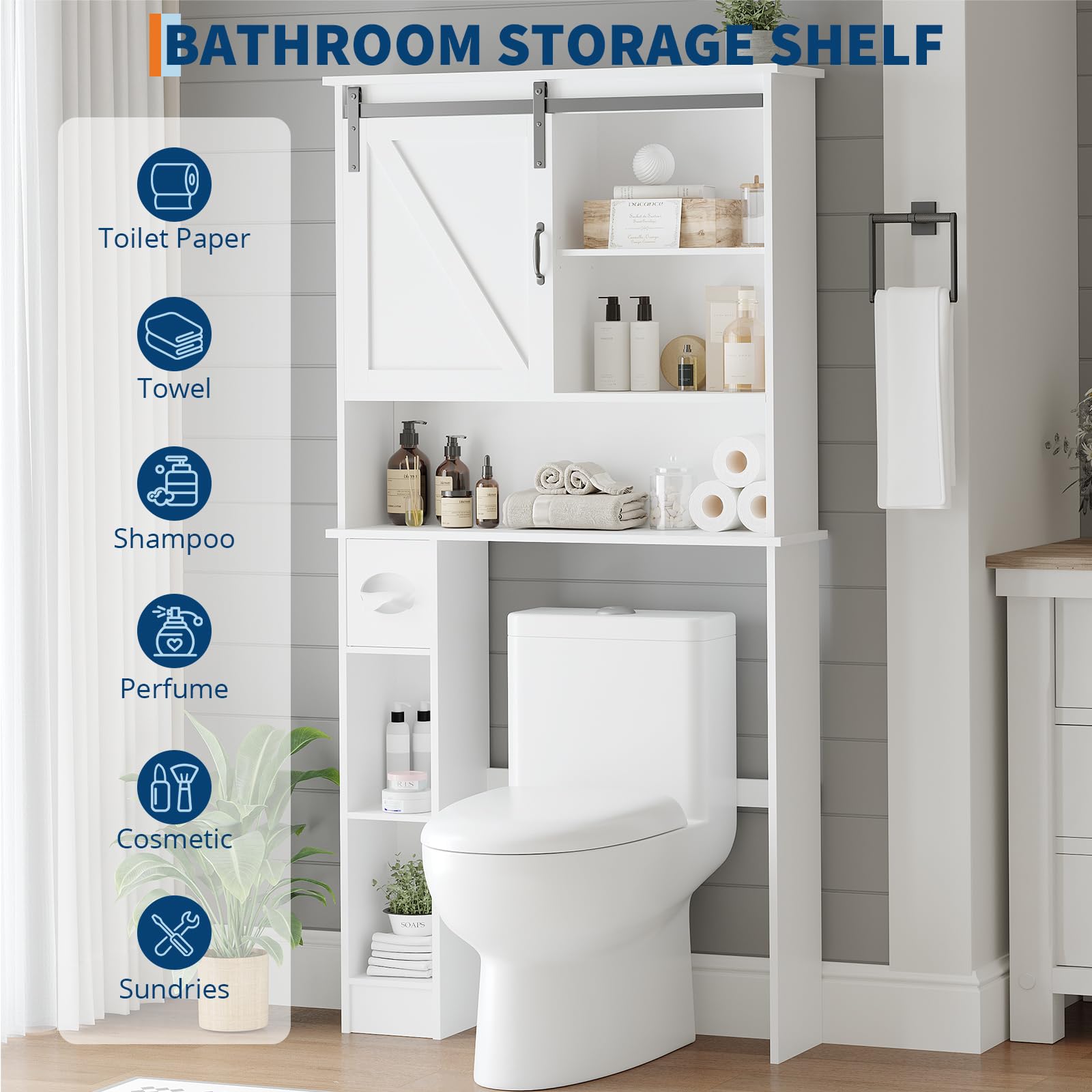 Armoire de rangement Garvee à suspendre aux toilettes avec porte coulissante, étagère réglable, porte-papier toilette, blanche, bois, gain de place pour salle de bain et buanderie