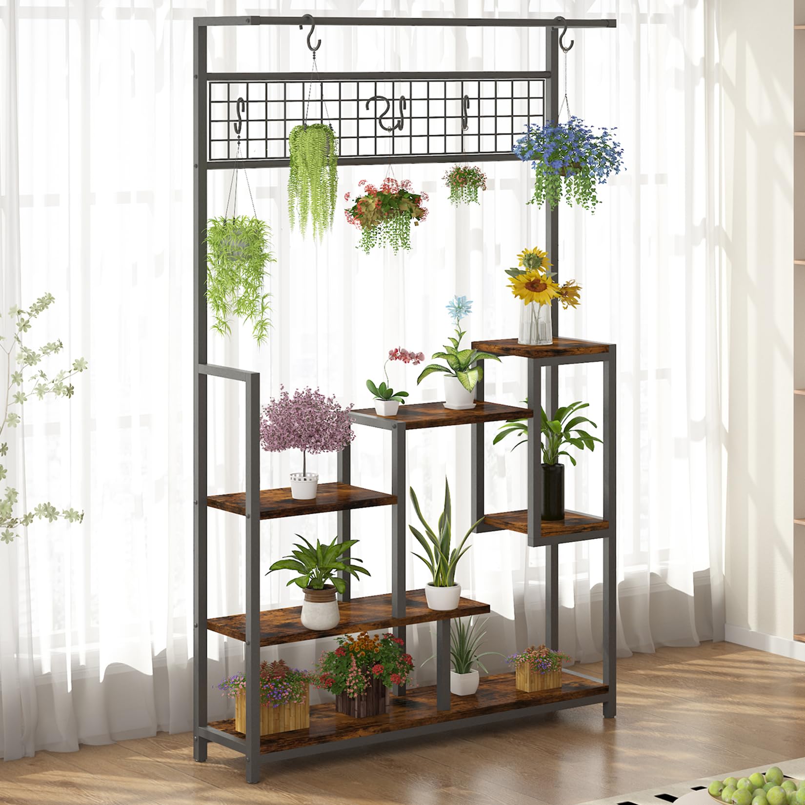 Étagère à plantes Garvee avec lampe de croissance, 7 niveaux, en métal robuste, pour balcon et salon, noire