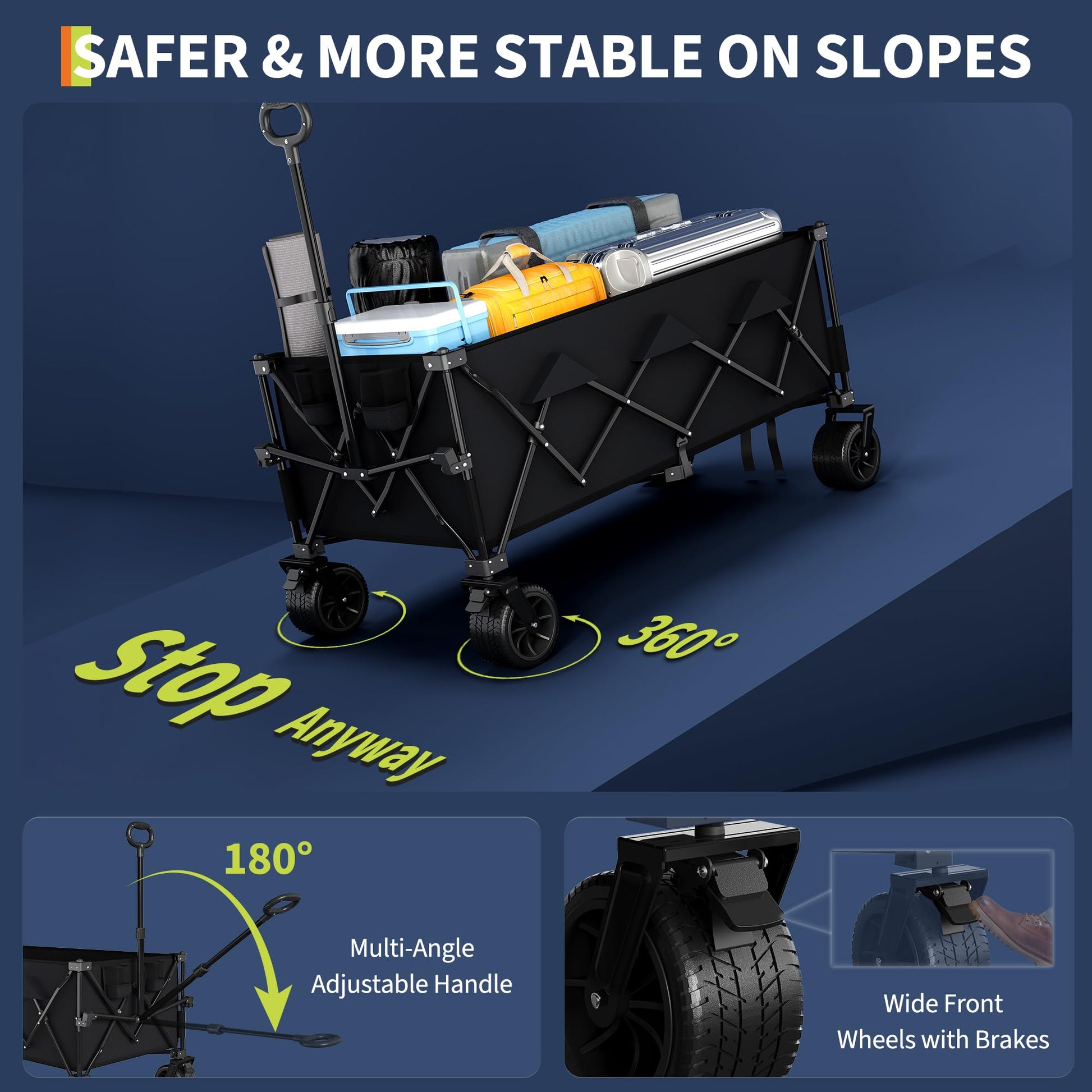 Chariot de plage pliable Garvee avec roues tout-terrain, cadre en acier, capacité de charge de 159 kg, pour la plage et l'extérieur, pliable, noir