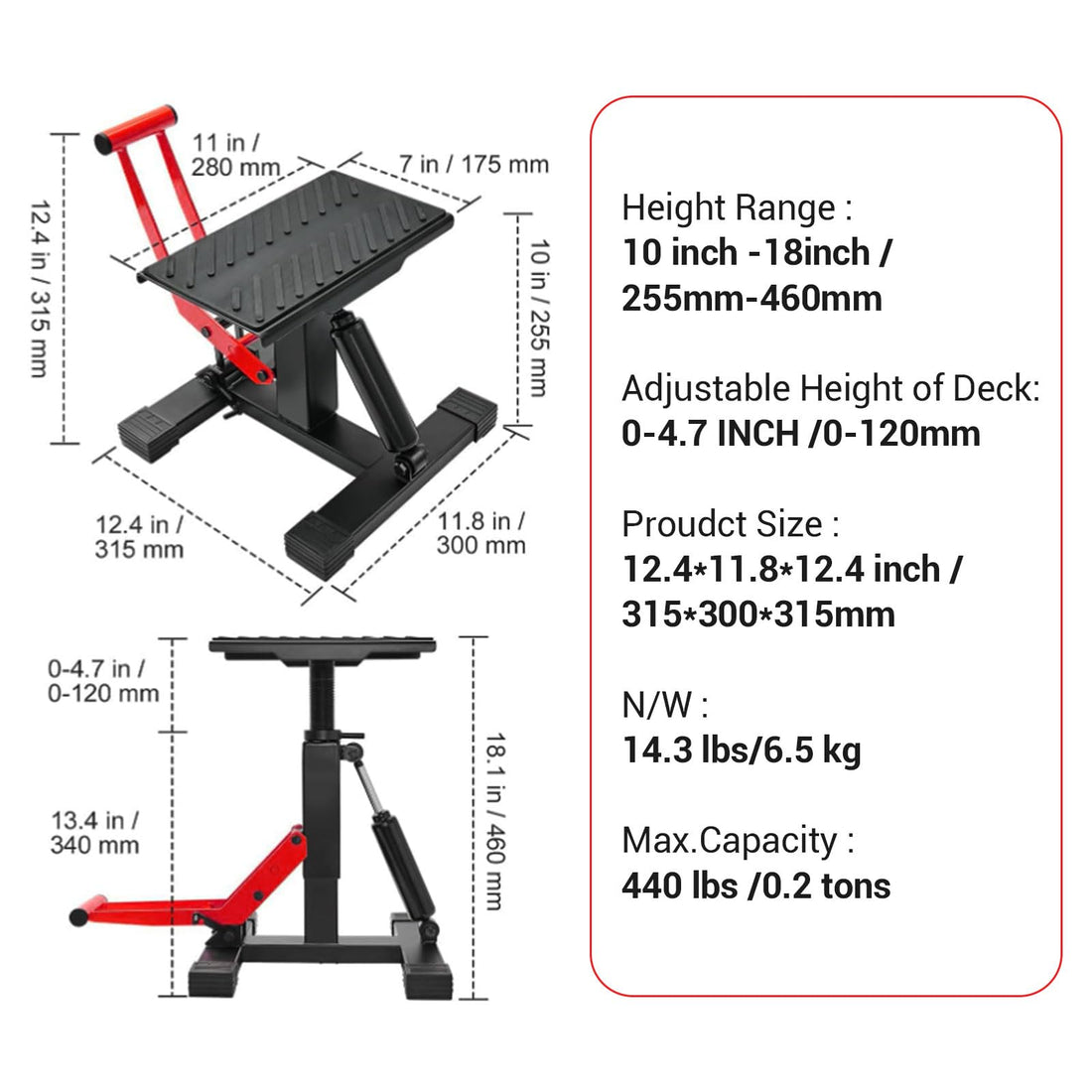 Support de levage hydraulique Garvee pour moto tout-terrain, capacité de 200 kg, hauteur réglable, acier, caoutchouc antidérapant, pour atelier et garage