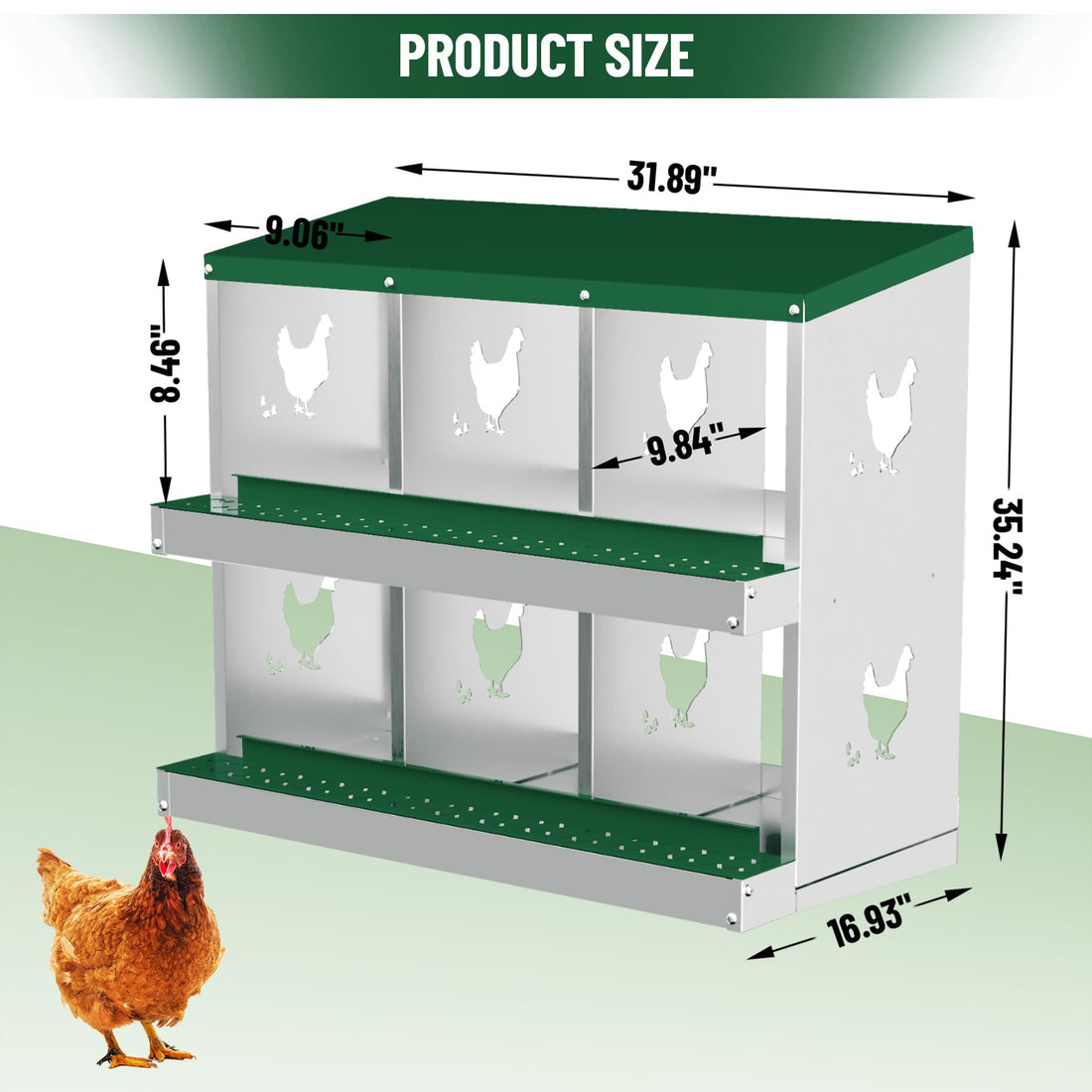Garvee pondoir métallique pour poules à 6 compartiments, nichoir de ponte avec système de collecte des œufs par roulement, trous d’aération, vert