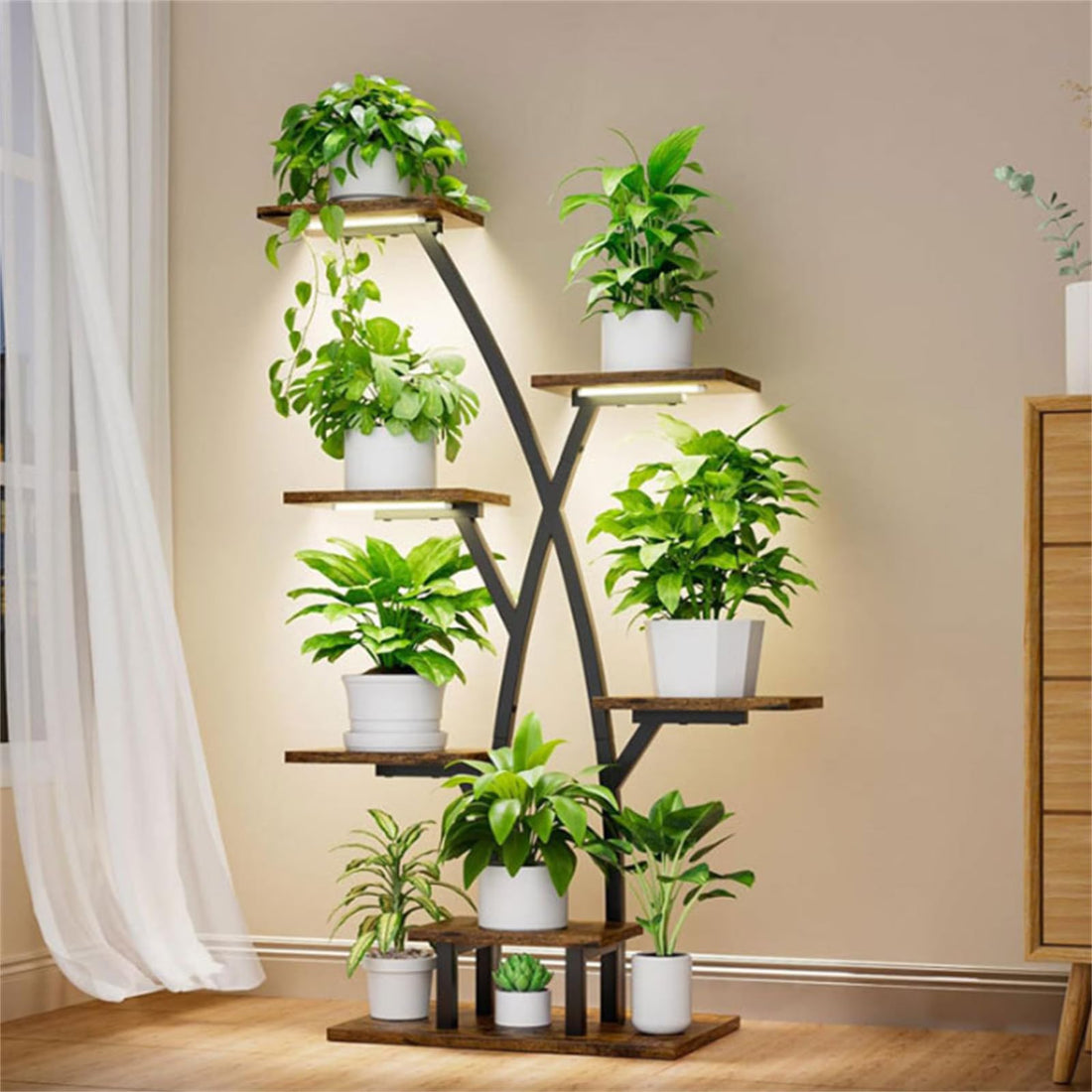 Garvee support à plantes en métal avec lampe de croissance spectre complet à 3 têtes, capacité 68 kg, vert