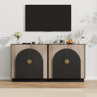 Buffet Garvee style moderne milieu de siècle avec portes cintrées, étagères réglables, coloris noir-brun, pour salle à manger et salon, modulable, panneaux de particules et MDF