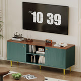 Garvee Meuble TV 140 cm cannelé Bois Massif avec Étagère Ajustable et 2 Portes, Supporte TV 165 cm, Design rétro moderne, Parfait Salon ou Chambre, Taille Compacte, Couleur Bois Naturel, Vert - Vert