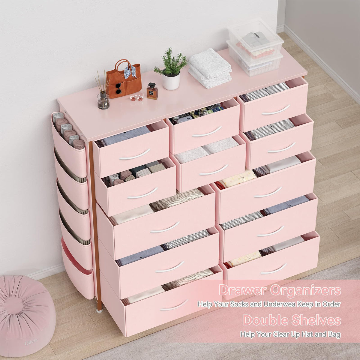 Garvee commode à 12 tiroirs, en tissu, structure en métal, plateau en bois avec poches latérales et crochets, pour la chambre, rose