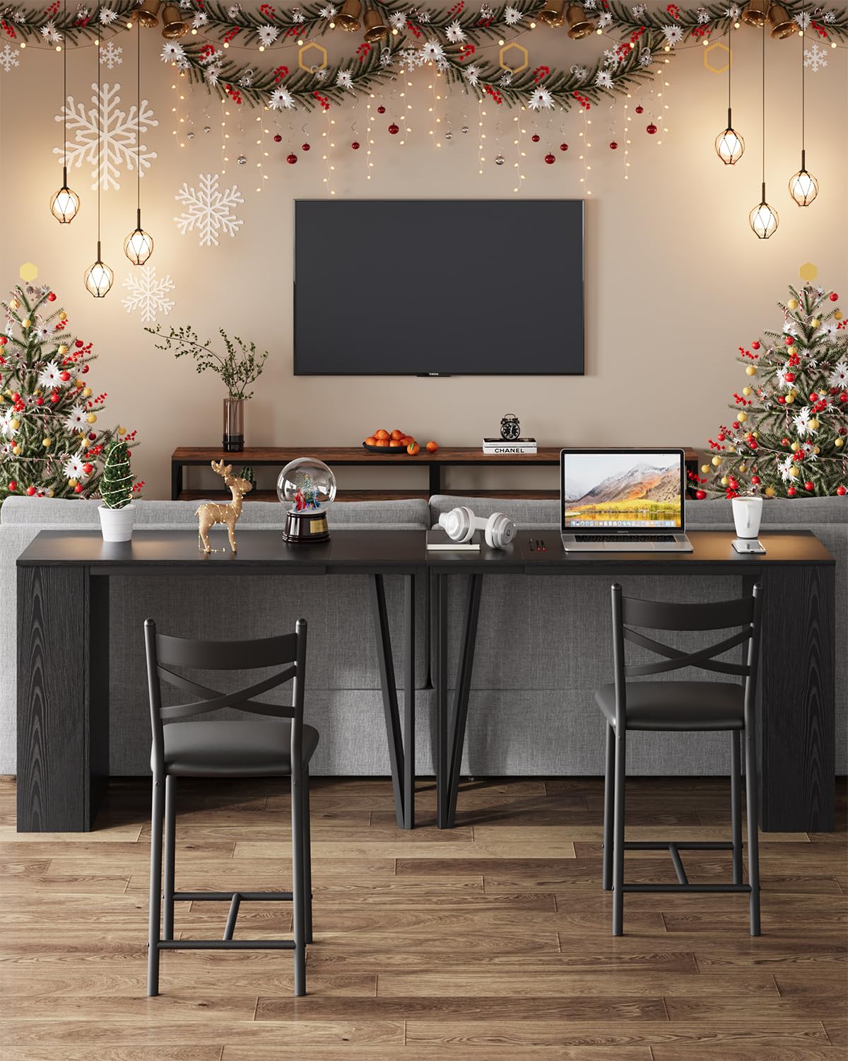 Ensemble table de bar extensible Garvee pour 2 à 4 personnes, coussins de 40 cm de large, MDF durable, espace de rangement, noir, idéal pour les petits appartements