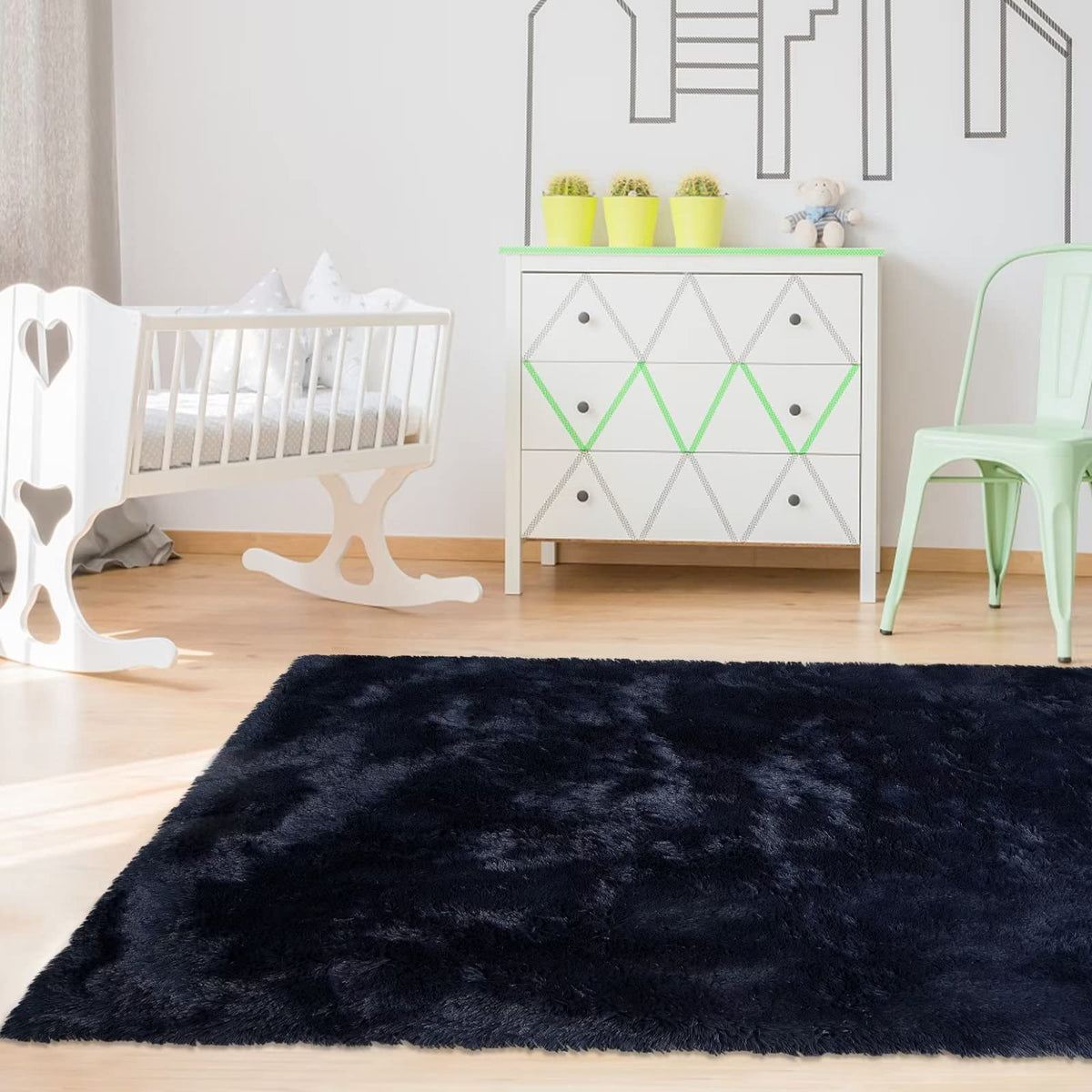 Tapis shaggy Garvee 152 x 244 cm, bleu marine tie-dye, ultra doux et moelleux, haute densité, pour chambre d'enfant ou salon