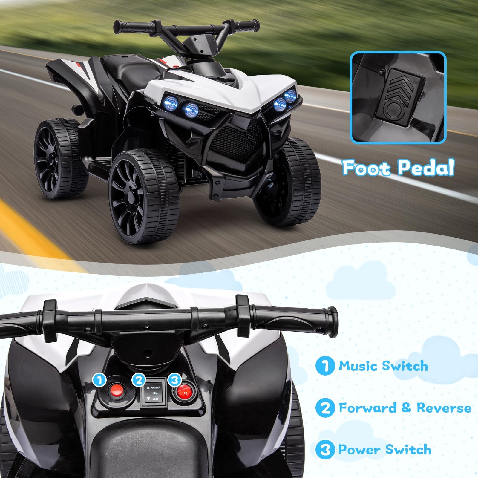 Garvee Quad électrique 6 V pour enfant avec LED, musique et conduite sécurisée, blanc, dès 3 ans