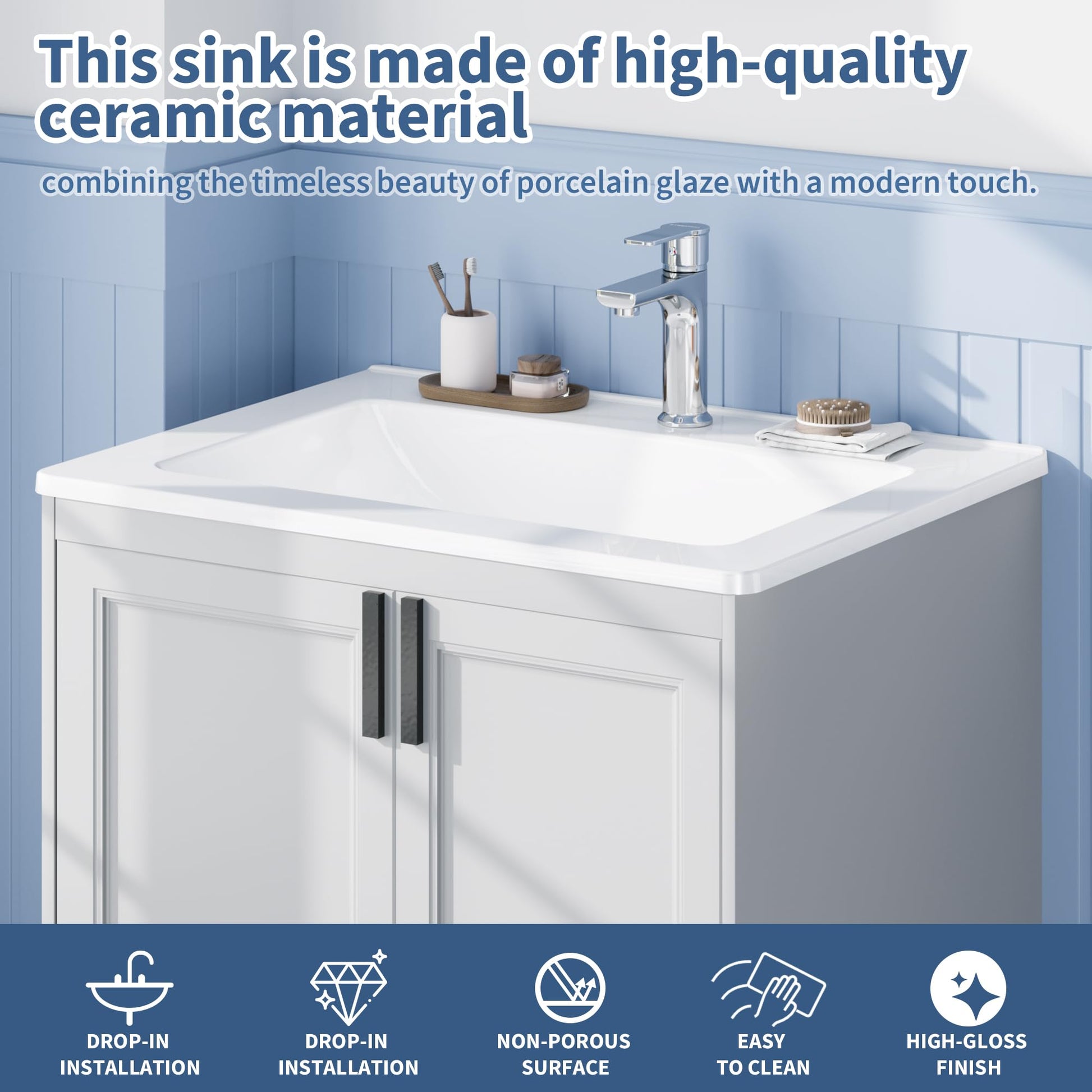 Lavabo encastré Garvee 21 x 18 pouces en céramique blanche avec trop-plein pour salles de bain compactes, étagère étendue, installation facile