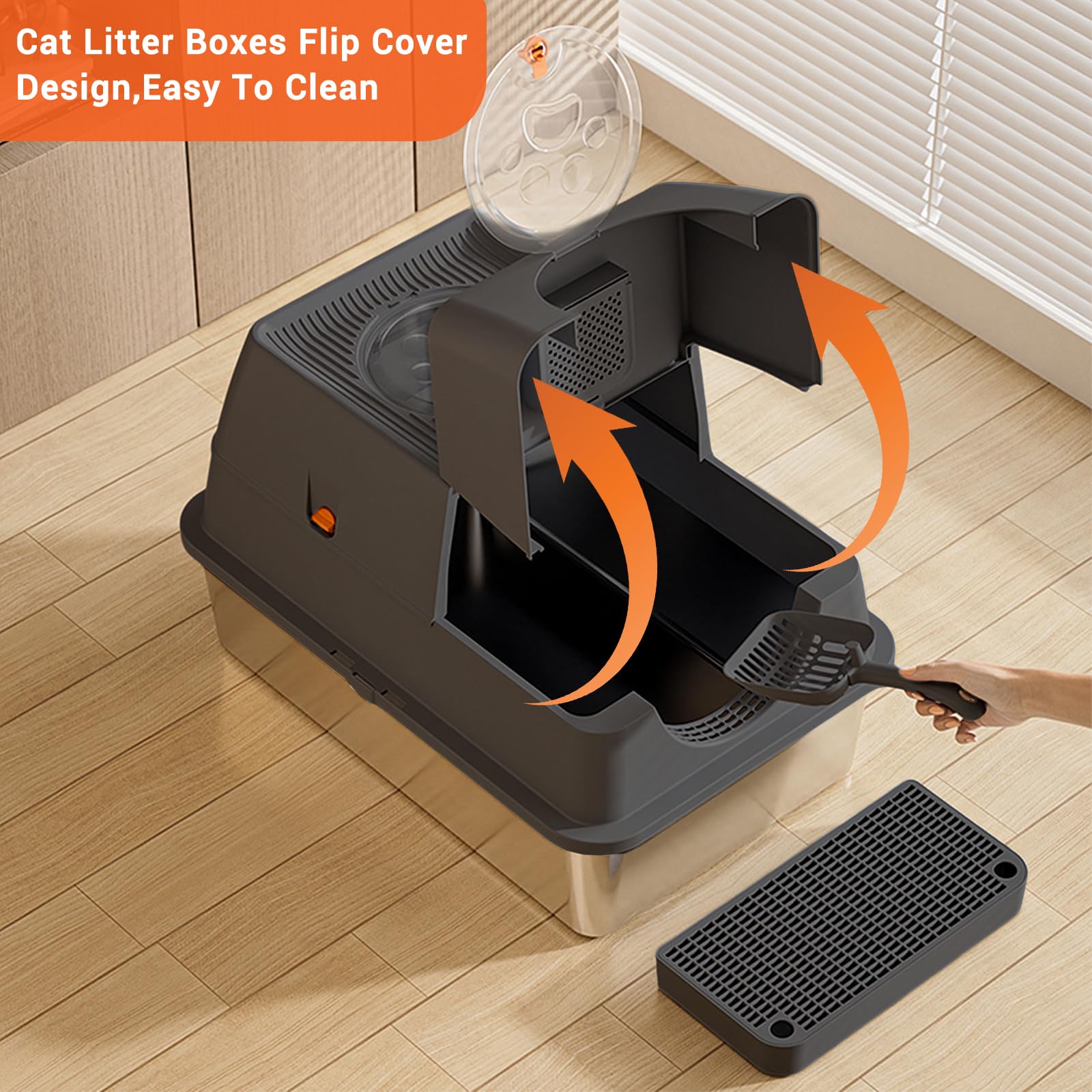 Bac à litière Garvee en acier inoxydable avec couvercle, grande ouverture sur le dessus, antidérapant, pour chats et chiens, 60 cm (L) x 40 cm (l) x 44 cm (H)