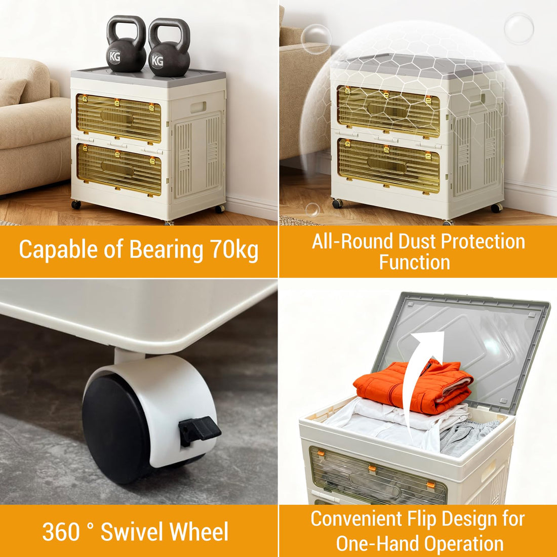Garvee Boîte de rangement pliable 135L avec couvercle et roulettes, idéale pour la chambre et le bureau.
