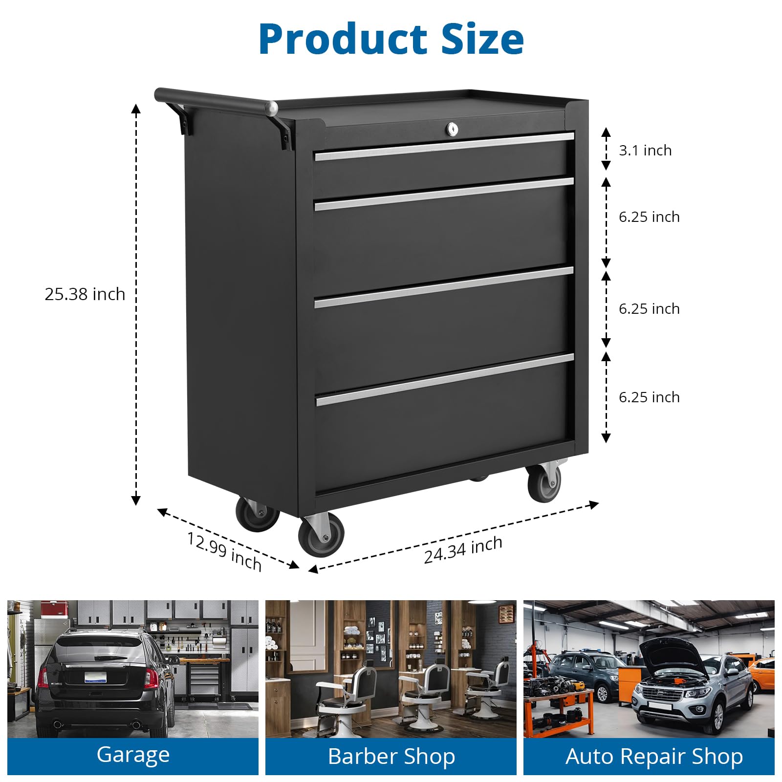 Garvee chariot à outils 6 tiroirs en acier noir, 64 × 62 × 33 cm, avec roulettes et serrure