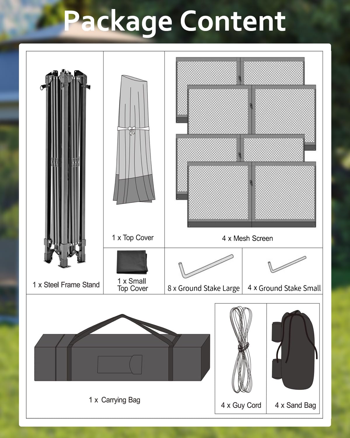 Pavillon pliant Garvee 3,65 m x 3,65 m avec moustiquaire, résistant aux UV, réglable en hauteur (3 positions), structure en acier, 6 panneaux latéraux, poches à sable pour le jardin et le camping, blanc