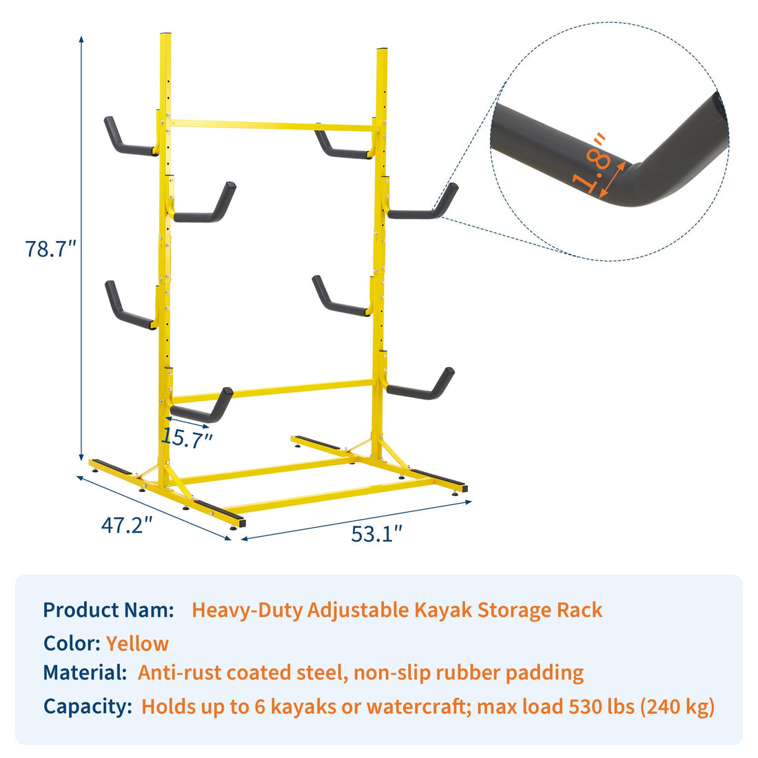 Garvee Support de rangement pour kayaks, autoportant, hauteur réglable, bras rembourrés, acier à la rouille, pour 4 kayaks, intérieur et extérieur.