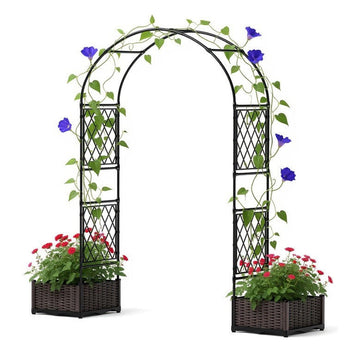Arche de jardin Garvee 200 cm avec 2 jardinières, arche en métal revêtu de PE résistant aux intempéries pour le jardin et les réceptions, robuste et polyvalente, blanche