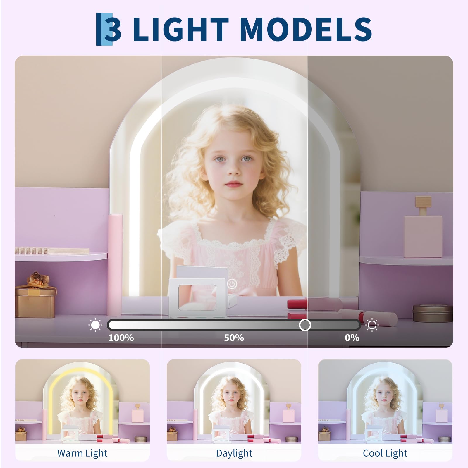 Coiffeuse Garvee pour enfants avec lumière LED et tabouret, réglable, MDF, violet, pour filles de 3 à 9 ans, salle de jeux