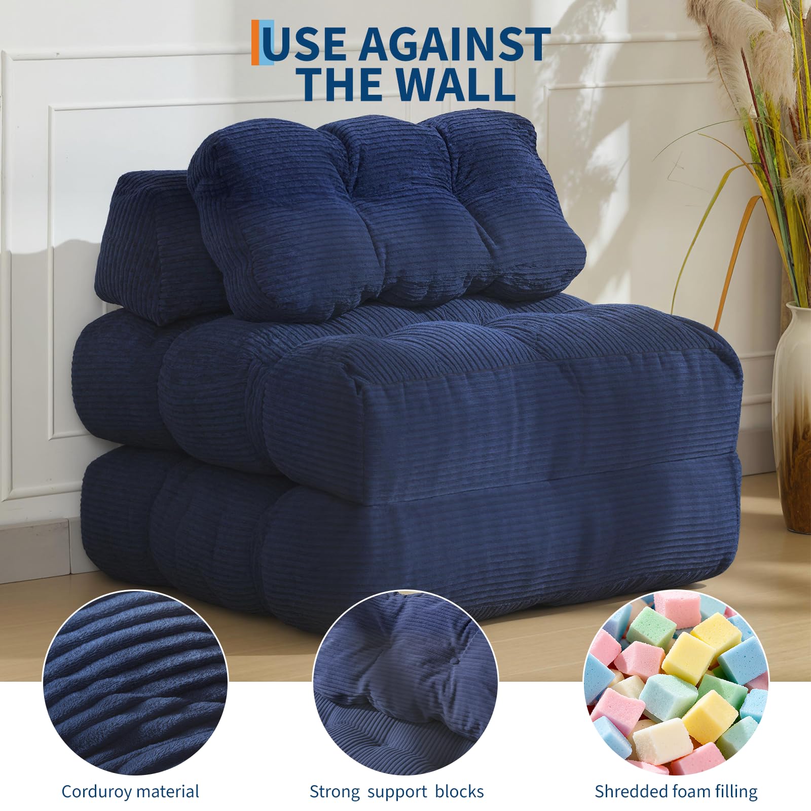 Canapé-lit 3 en 1 Garvee avec coussins et dossier pour salon et chambre, 86 cm, bleu marine, mousse confort, tissu velours côtelé