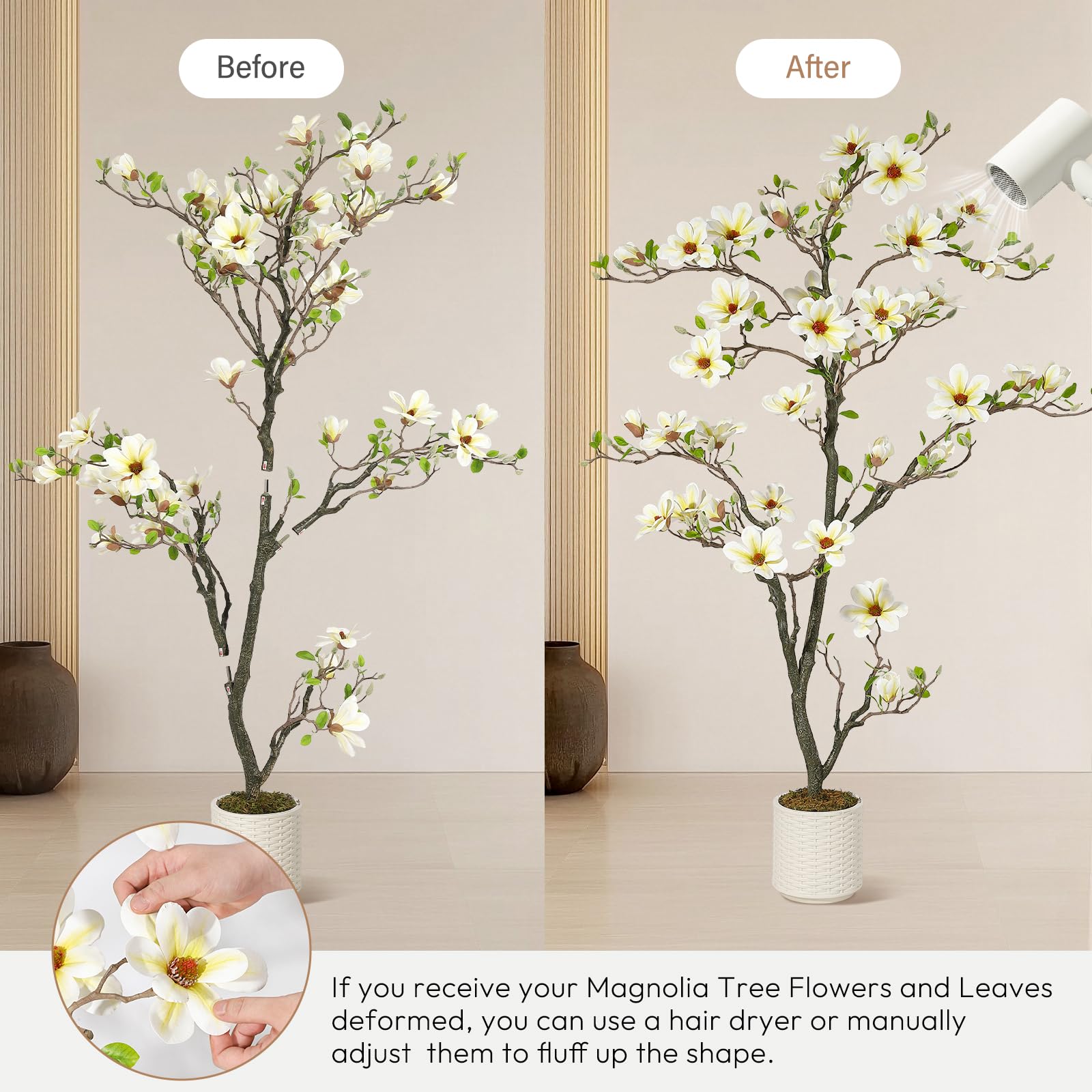 Magnolia artificiel Garvee de 1,8 m (6 pi) blanc avec branches ajustables pour une utilisation intérieure et extérieure, structure en métal, base stable