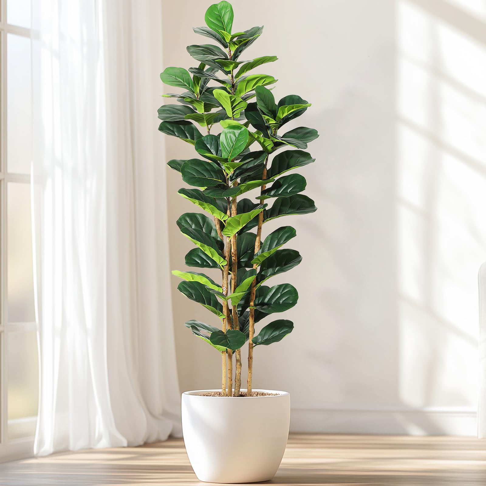 Garvee Ficus Lyrata artificiel 183 cm, feuillage vert réaliste, pot blanc et tronc en bois naturel, décoration intérieure
