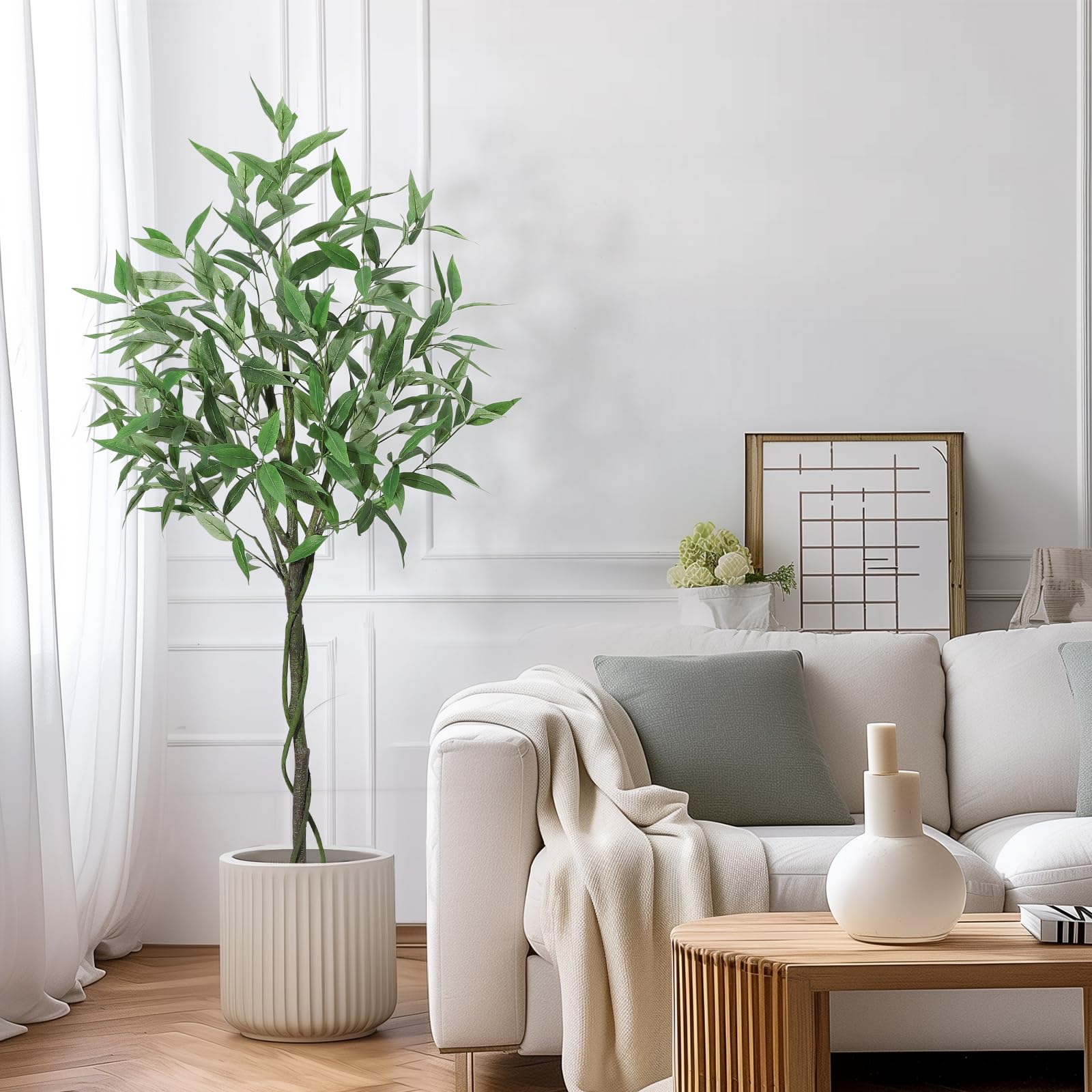 Eucalyptus Garvee de 1,5 m – Plante artificielle en soie, sans entretien, pour la maison et le bureau, aspect réaliste